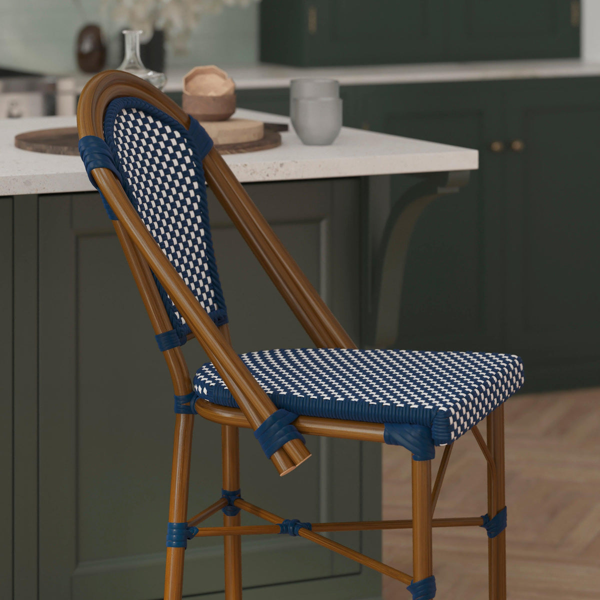 Navy & White/Natural Frame |#| All-Weather Commercial Paris Stool with Bamboo Print Metal Frame-Navy/White