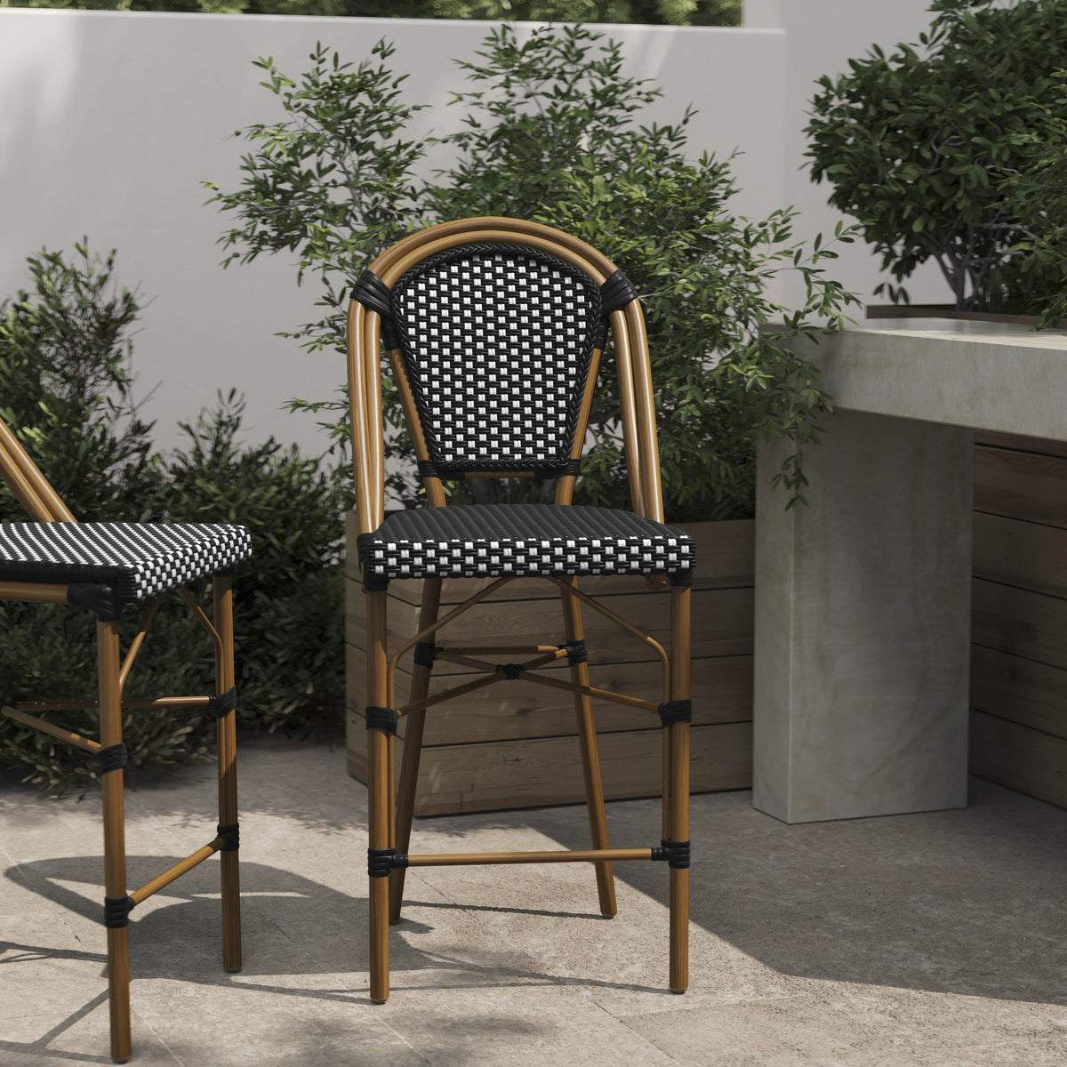 Black & White/Natural Frame |#| All-Weather Commercial Paris Stool with Bamboo Print Metal Frame-Black/White