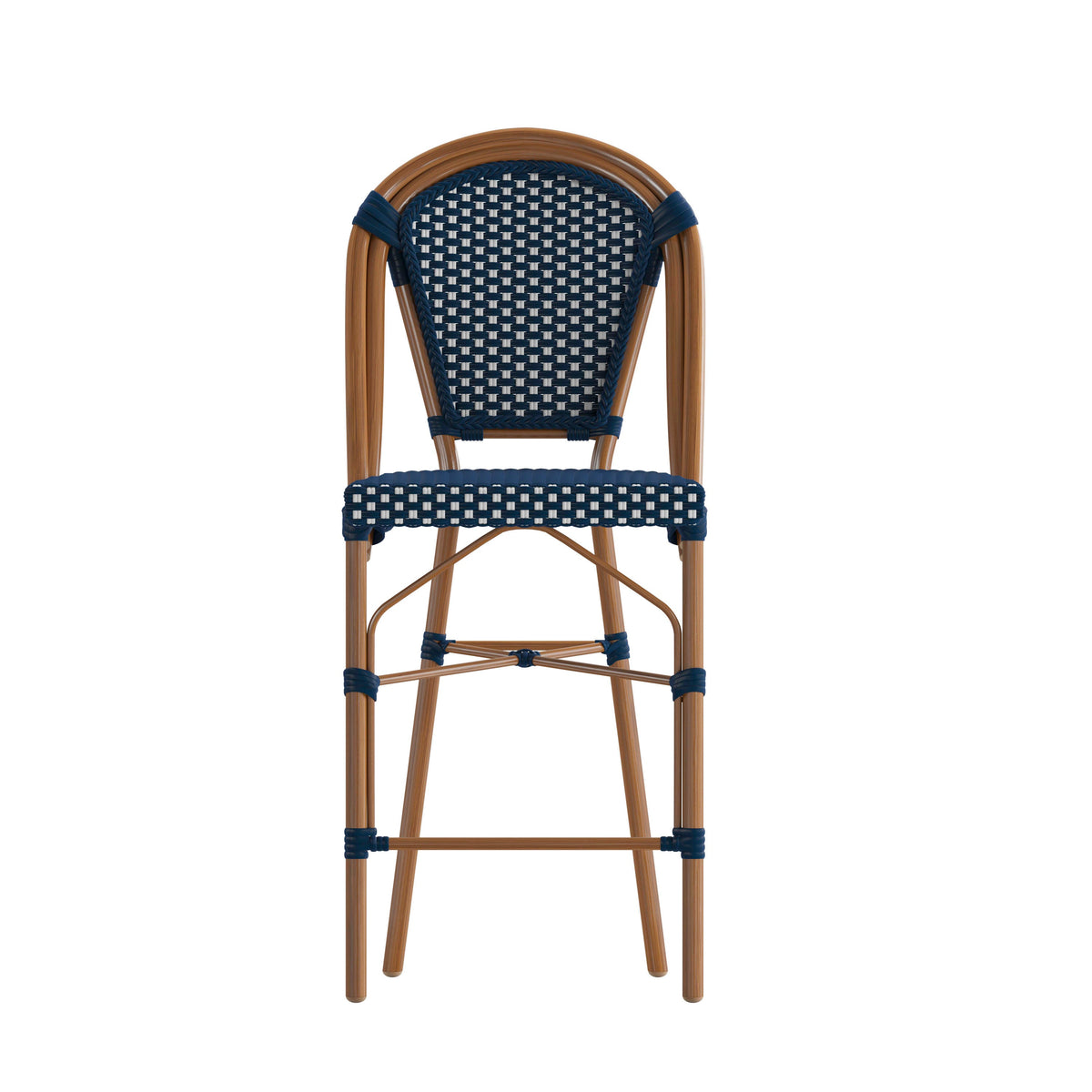 Navy & White/Natural Frame |#| All-Weather Commercial Paris Stool with Bamboo Print Metal Frame-Navy/White