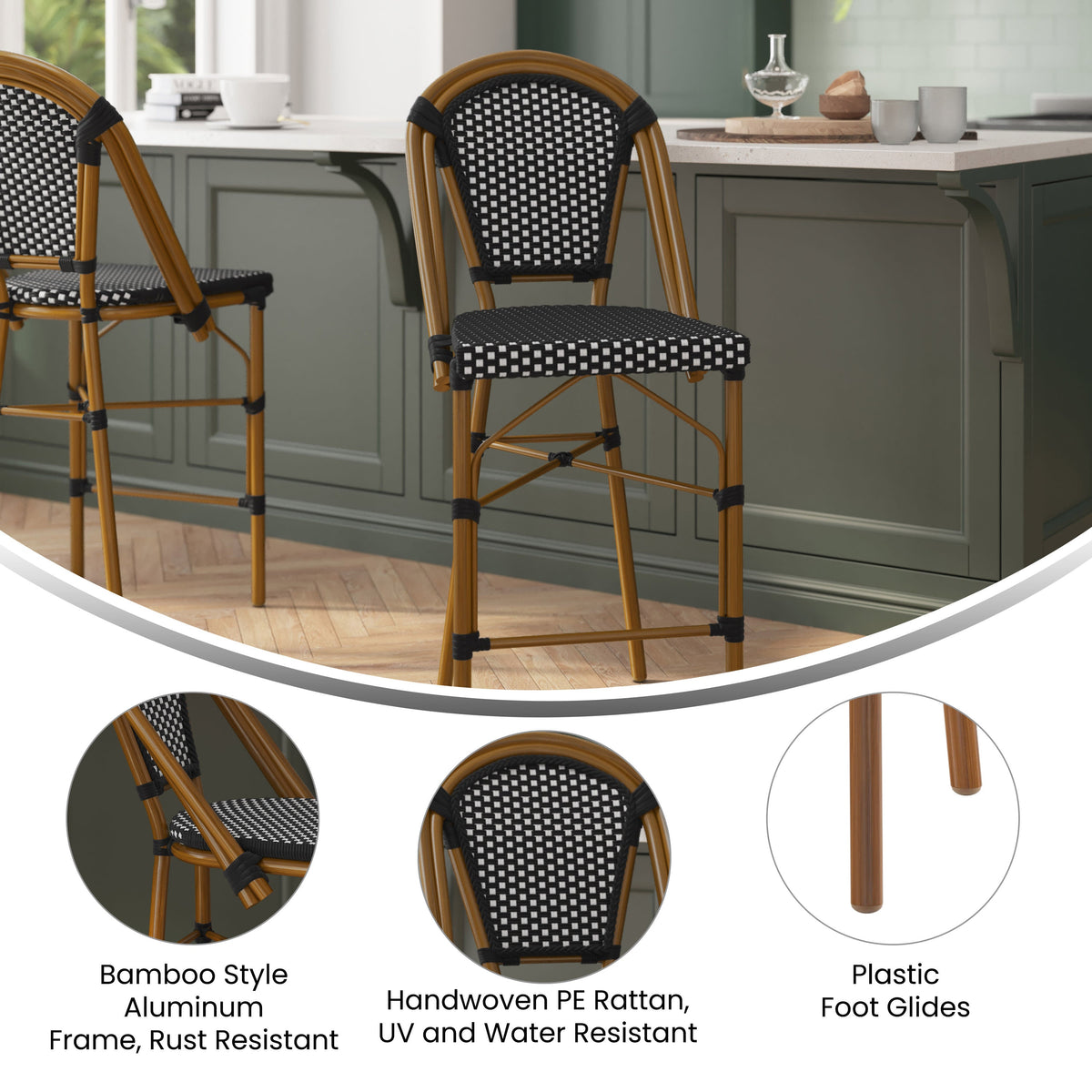 Black & White/Natural Frame |#| All-Weather Commercial Paris Stool with Bamboo Print Metal Frame-Black/White