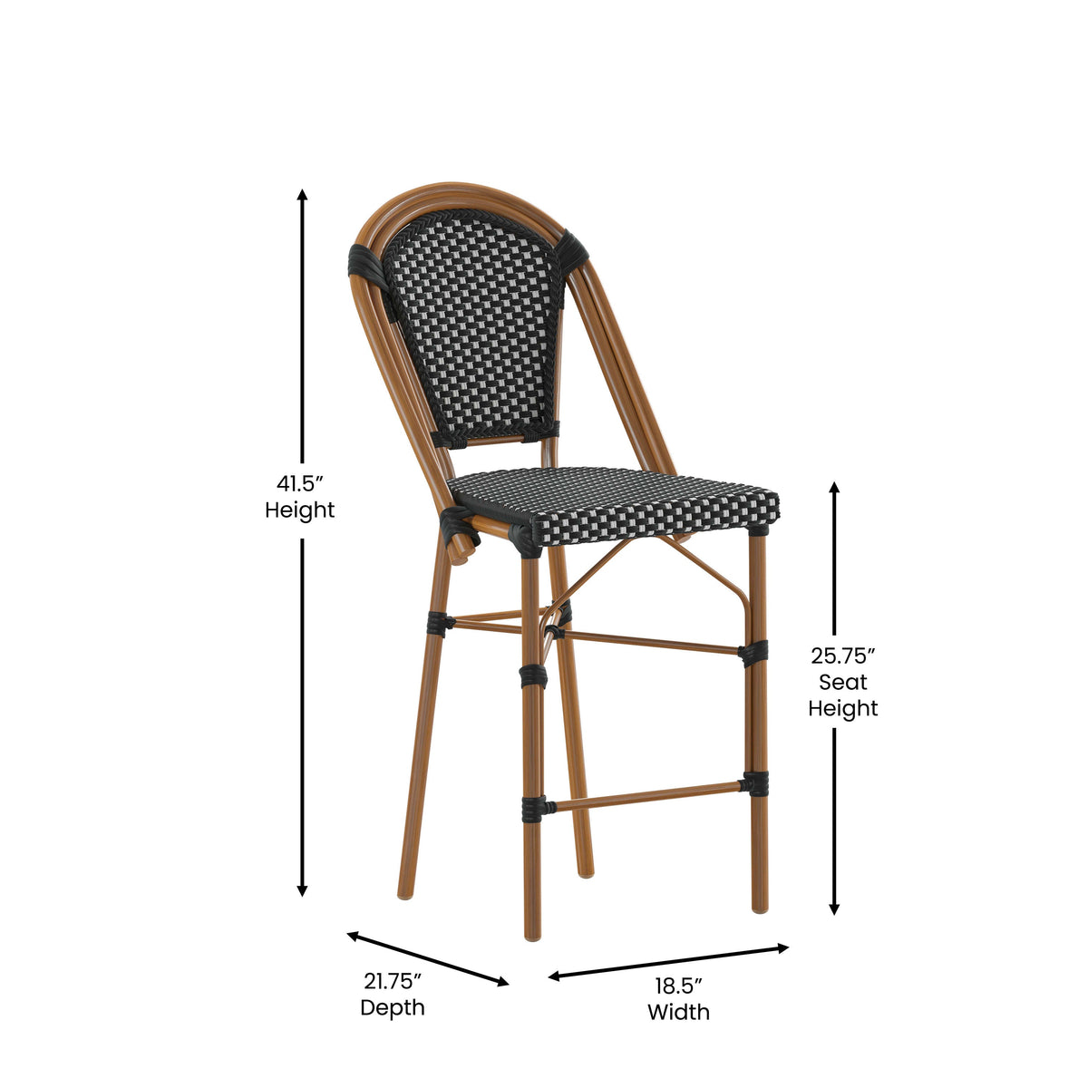 Black & White/Natural Frame |#| All-Weather Commercial Paris Stool with Bamboo Print Metal Frame-Black/White