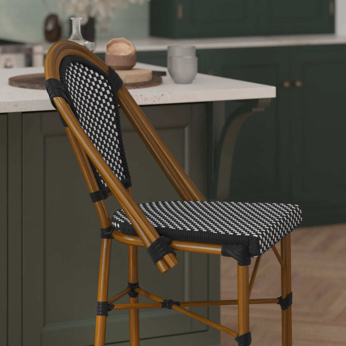 Black & White/Natural Frame |#| All-Weather Commercial Paris Stool with Bamboo Print Metal Frame-Black/White