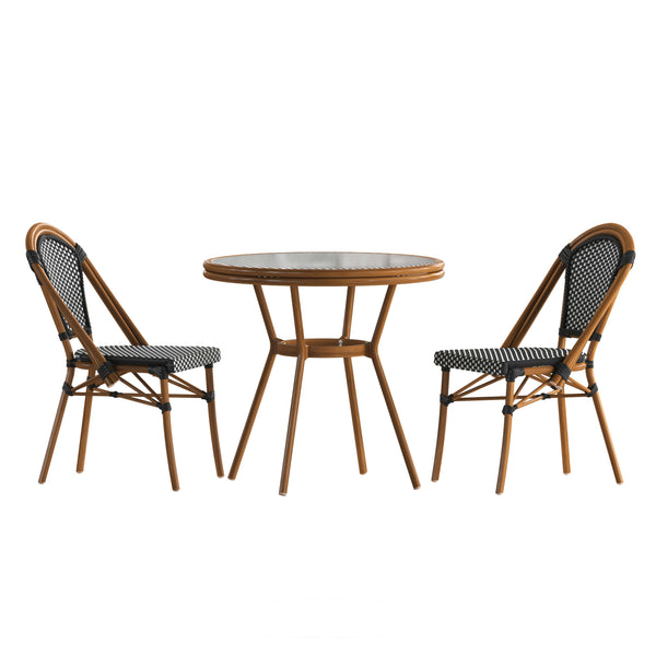 Black & White Rattan/Natural Frame |#| Indoor/Outdoor Commercial Bistro Set with Table and 2 Chairs in Blk/Wht