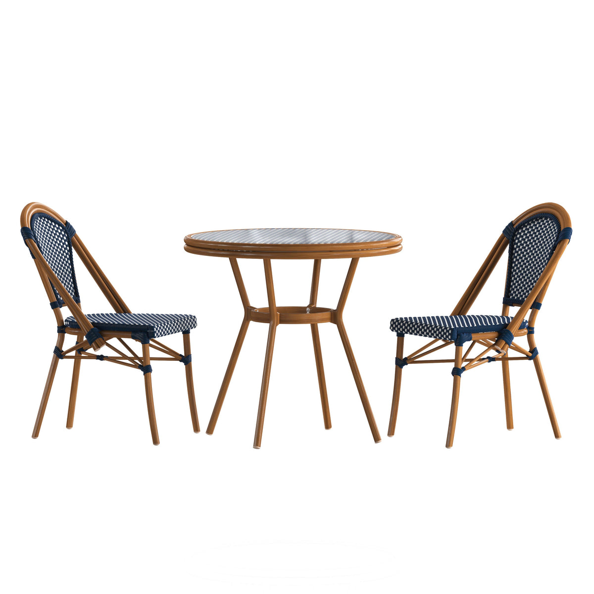 Navy & White Rattan/Natural Frame |#| Indoor/Outdoor Commercial Bistro Set with Table and 2 Chairs in Navy/Wht