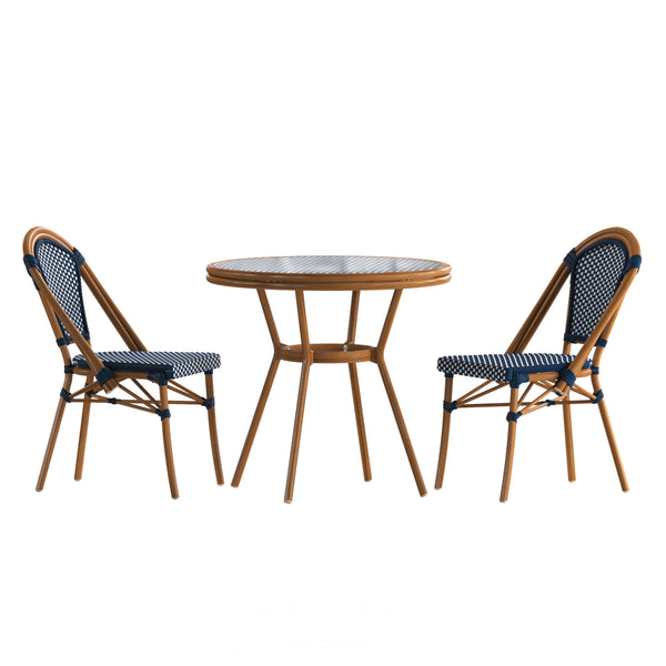 Navy & White Rattan/Natural Frame |#| Indoor/Outdoor Commercial Bistro Set with Table and 2 Chairs in Navy/Wht