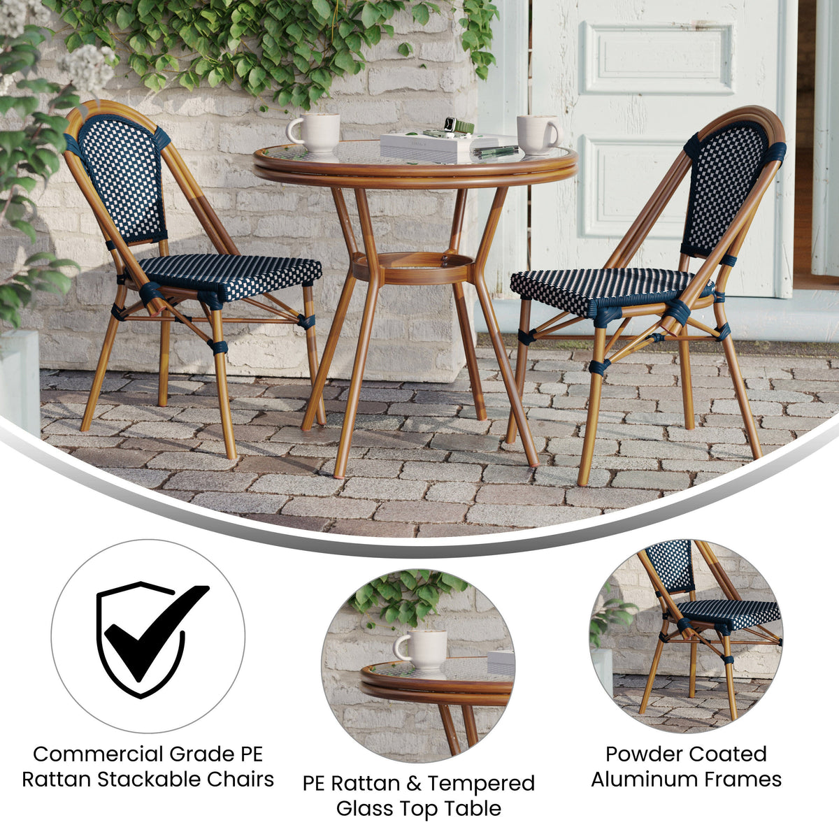 Navy & White Rattan/Natural Frame |#| Indoor/Outdoor Commercial Bistro Set with Table and 2 Chairs in Navy/Wht