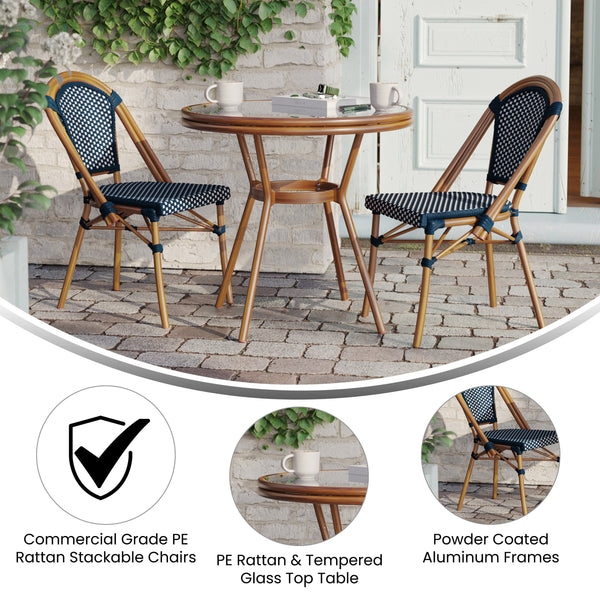 Navy & White Rattan/Natural Frame |#| Indoor/Outdoor Commercial Bistro Set with Table and 2 Chairs in Navy/Wht