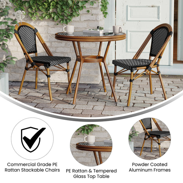 Black & White Rattan/Natural Frame |#| Indoor/Outdoor Commercial Bistro Set with Table and 2 Chairs in Blk/Wht
