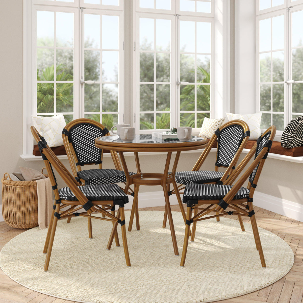 Black & White Rattan/Natural Frame |#| Indoor/Outdoor Commercial Bistro Set with Table and 4 Chairs in Blk/Wht