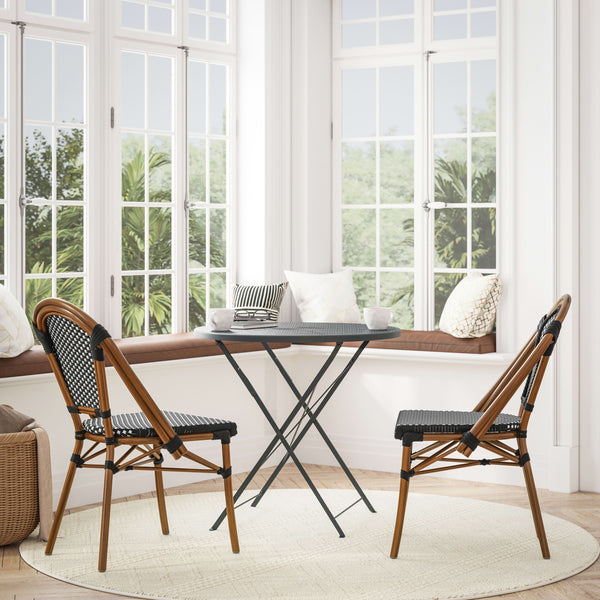 Black & White/Natural Frame |#| All-Weather Commercial Paris Chair with Bamboo Print Aluminum Frame-Black/White