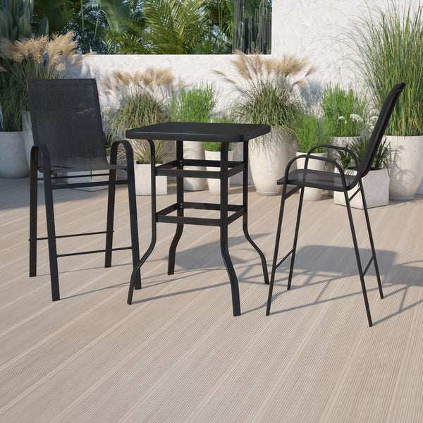 Black |#| 3 Piece Outdoor Bar Height Set-Glass Patio Bar Table-Black All-Weather Barstools