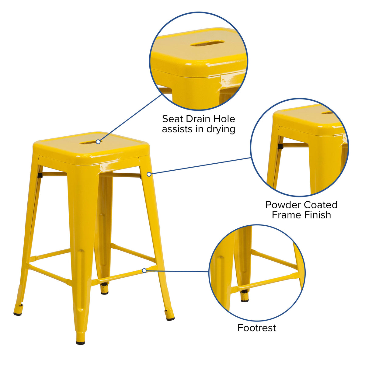 Yellow |#| Commercial Grade 24inchH Backless Yellow Metal Indoor-Outdoor Counter Height Stool