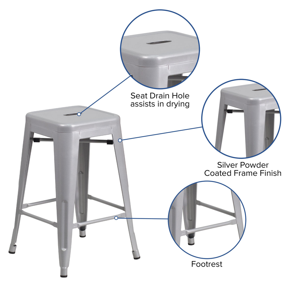 Silver |#| Commercial Grade 24inchH Backless Silver Metal Indoor-Outdoor Counter Height Stool