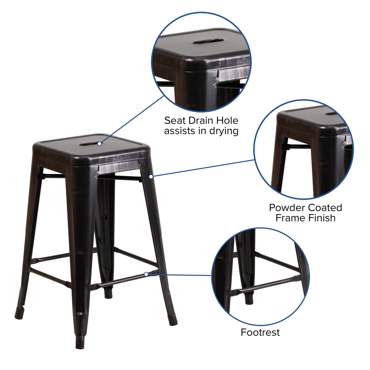 Black-Antique Gold |#| Commercial Grade 24inchH Backless Black-Gold Metal Indoor-Outdoor Counter Stool