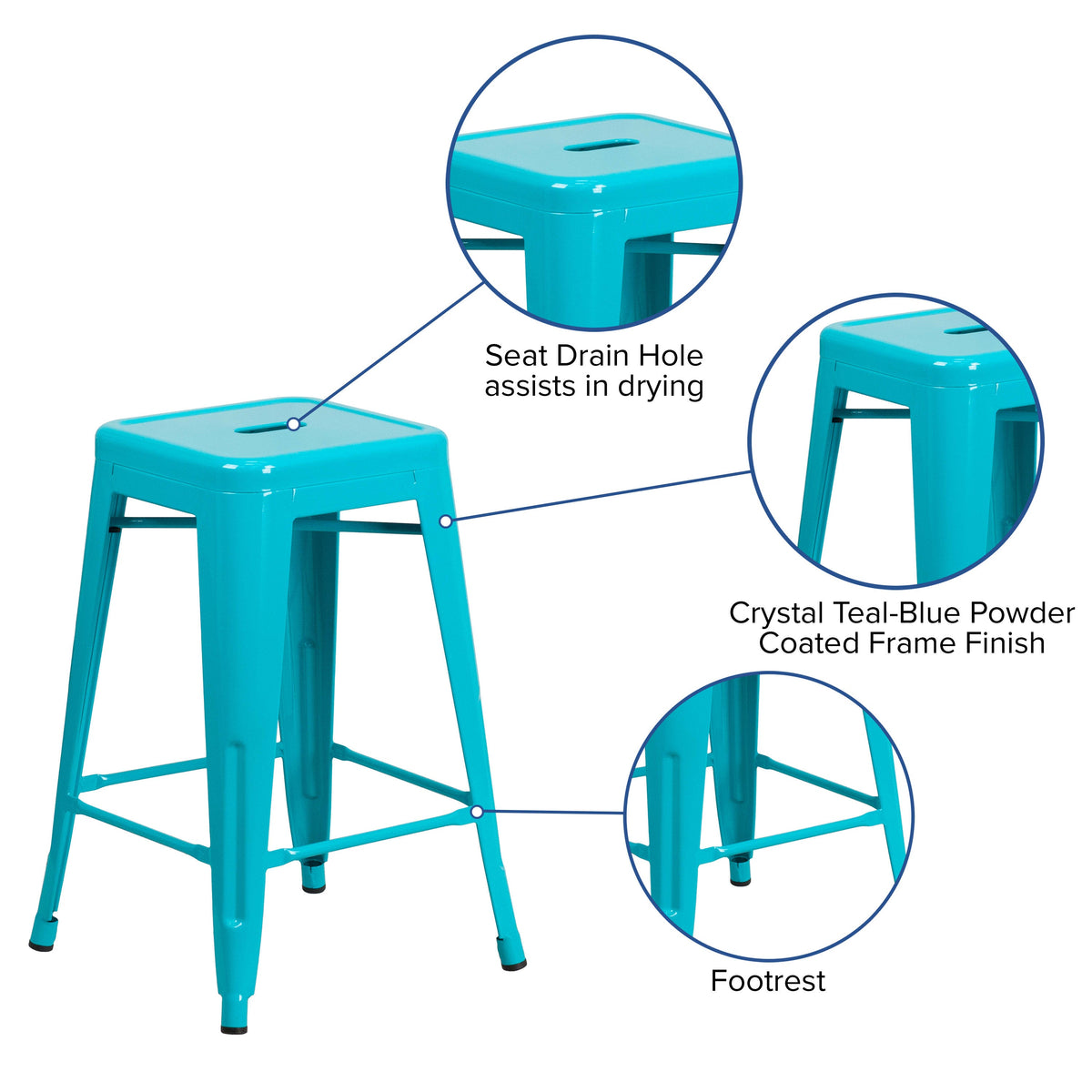 Crystal Teal-Blue |#| 24inch High Backless Crystal Teal-Blue Indoor-Outdoor Counter Height Stool