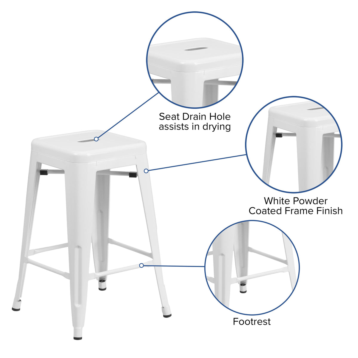 White |#| Commercial Grade 24inchH Backless White Metal Indoor-Outdoor Counter Height Stool