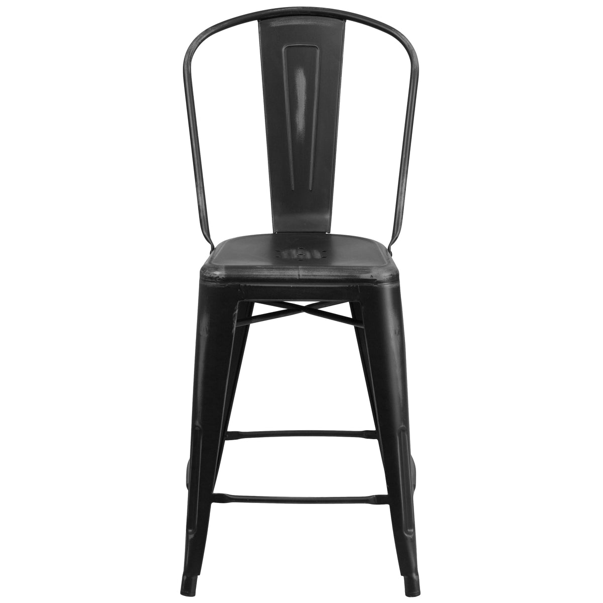 Black |#| 24inch High Distressed Black Metal Indoor-Outdoor Counter Height Stool with Back