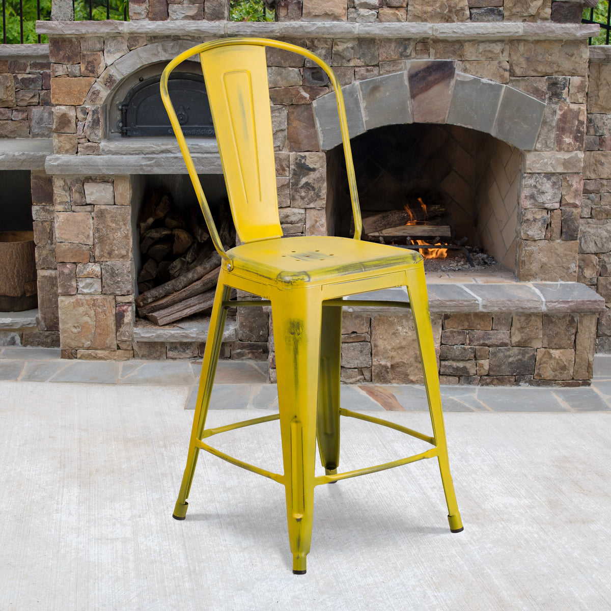 Yellow |#| 24inch High Distressed Yellow Metal Indoor-Outdoor Counter Height Stool with Back