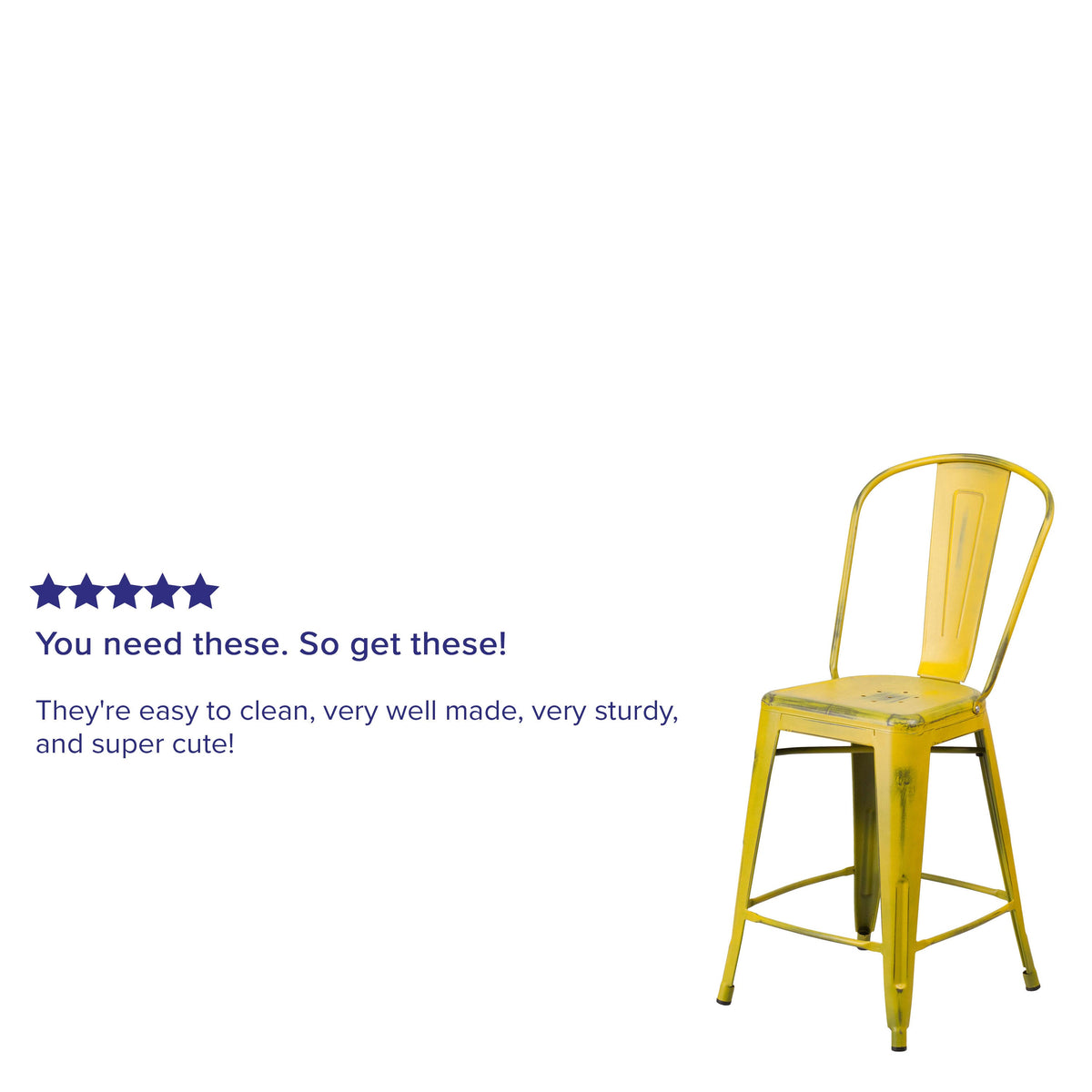 Yellow |#| 24inch High Distressed Yellow Metal Indoor-Outdoor Counter Height Stool with Back