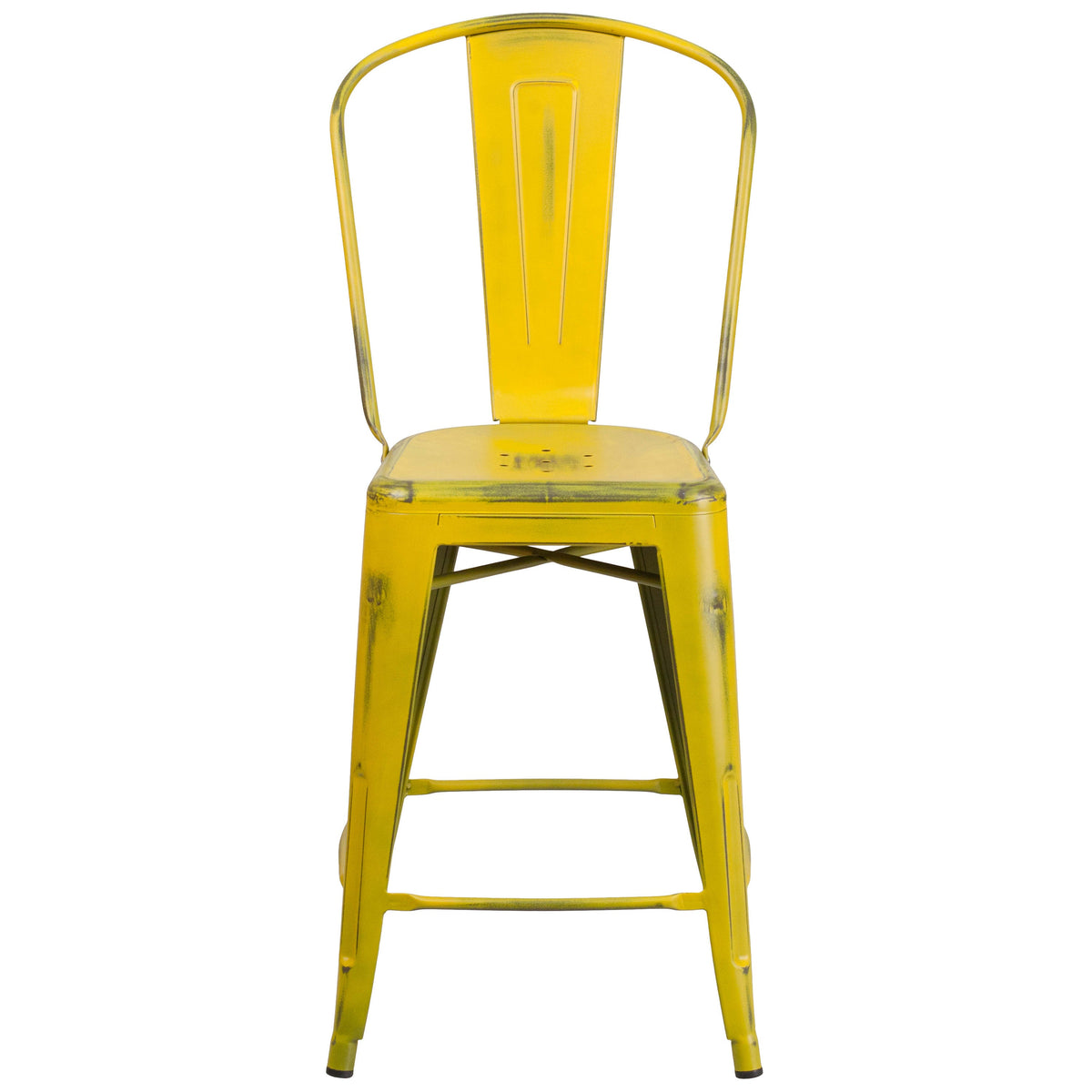 Yellow |#| 24inch High Distressed Yellow Metal Indoor-Outdoor Counter Height Stool with Back