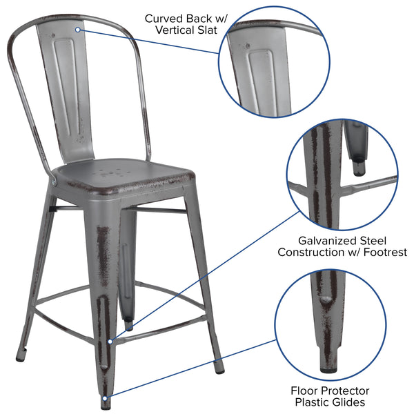 Silver Gray |#| 24inchH Distressed Silver Gray Metal Indoor-Outdoor Counter Dining Stool with Back