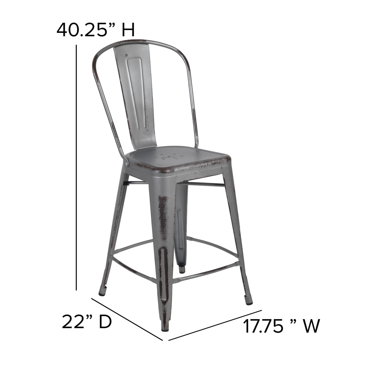 Silver Gray |#| 24inchH Distressed Silver Gray Metal Indoor-Outdoor Counter Dining Stool with Back