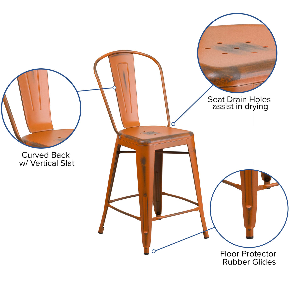 Orange |#| 24inch High Distressed Orange Metal Indoor-Outdoor Counter Height Stool with Back