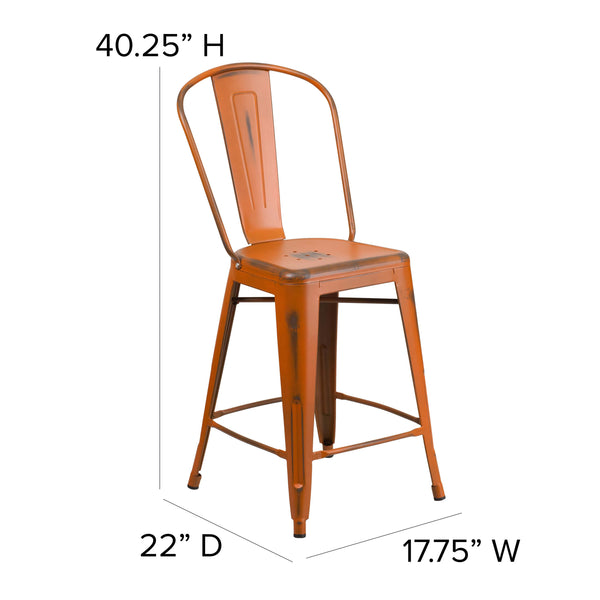 Orange |#| 24inch High Distressed Orange Metal Indoor-Outdoor Counter Height Stool with Back