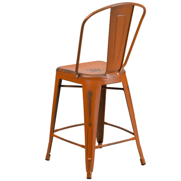 Orange |#| 24inch High Distressed Orange Metal Indoor-Outdoor Counter Height Stool with Back