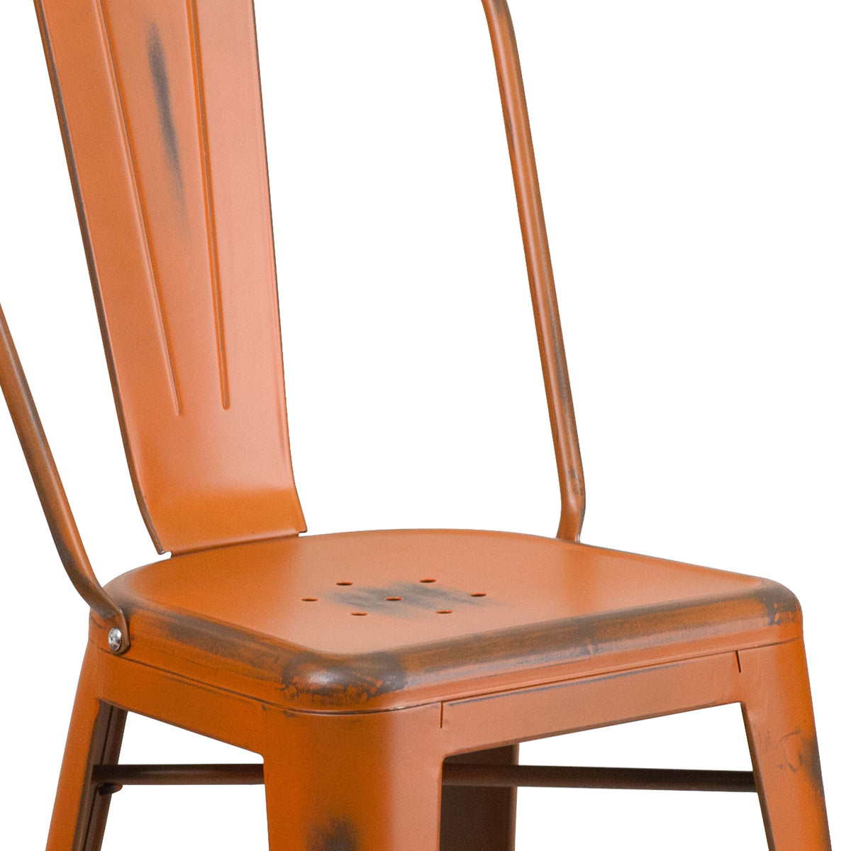 Orange |#| 24inch High Distressed Orange Metal Indoor-Outdoor Counter Height Stool with Back