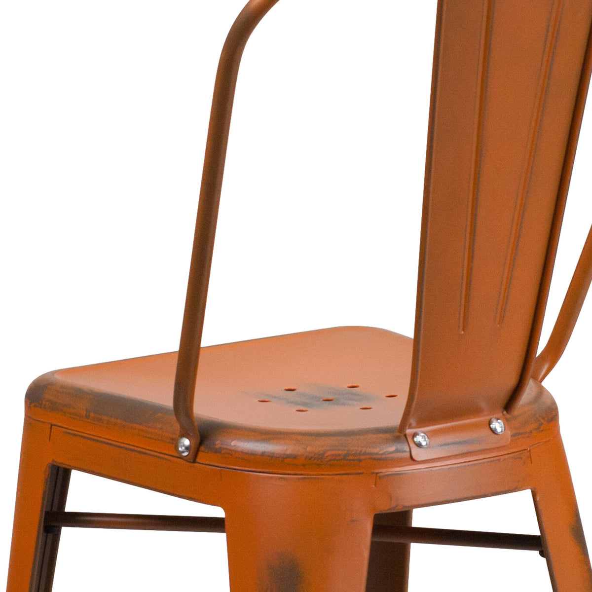 Orange |#| 24inch High Distressed Orange Metal Indoor-Outdoor Counter Height Stool with Back