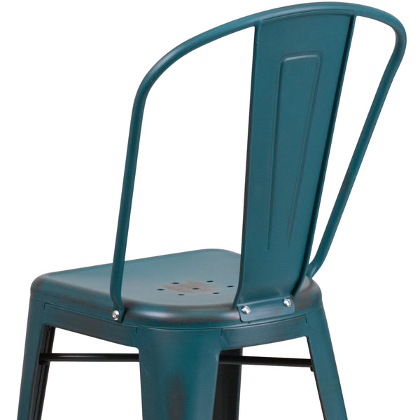 Kelly Blue-Teal |#| 24inch High Distressed Blue-Teal Metal Indoor-Outdoor Counter Height Stool w/ Back