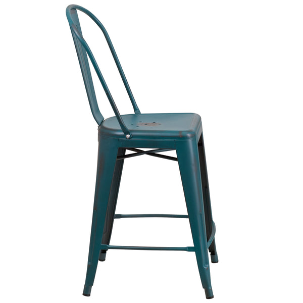 Kelly Blue-Teal |#| 24inch High Distressed Blue-Teal Metal Indoor-Outdoor Counter Height Stool w/ Back