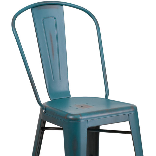 Kelly Blue-Teal |#| 24inch High Distressed Blue-Teal Metal Indoor-Outdoor Counter Height Stool w/ Back