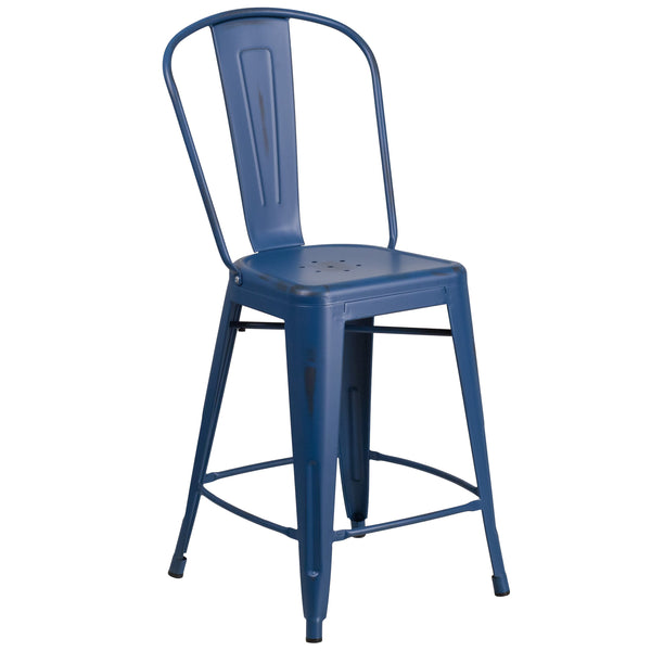 Antique Blue |#| 24inch High Distressed Aged Blue Metal Indoor-Outdoor Counter Height Stool w/ Back