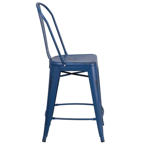 Antique Blue |#| 24inch High Distressed Aged Blue Metal Indoor-Outdoor Counter Height Stool w/ Back