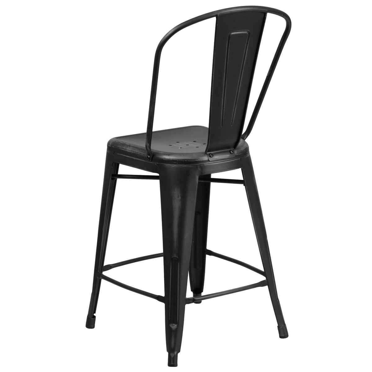 Black |#| 24inch High Distressed Black Metal Indoor-Outdoor Counter Height Stool with Back