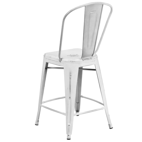 White |#| 24inch High Distressed White Metal Indoor-Outdoor Counter Height Stool with Back