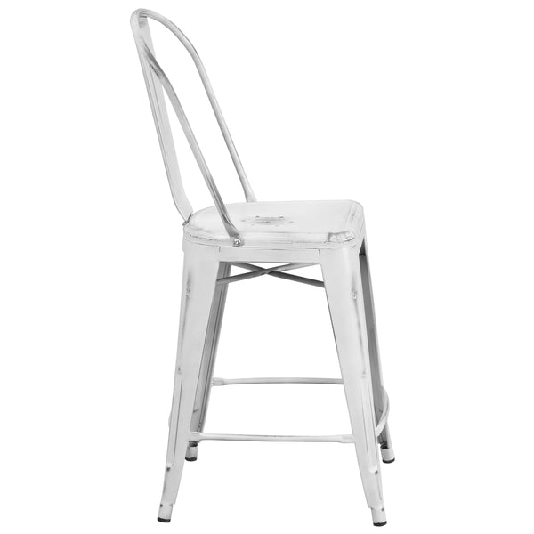 White |#| 24inch High Distressed White Metal Indoor-Outdoor Counter Height Stool with Back