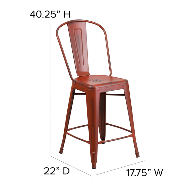 Kelly Red |#| 24inch High Distressed Kelly Red Metal Indoor-Outdoor Counter Height Stool w/ Back