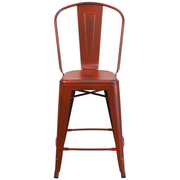 Kelly Red |#| 24inch High Distressed Kelly Red Metal Indoor-Outdoor Counter Height Stool w/ Back