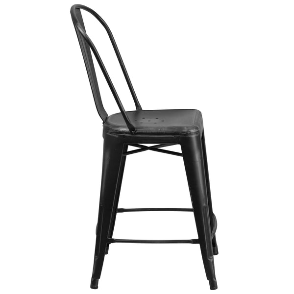 Black |#| 24inch High Distressed Black Metal Indoor-Outdoor Counter Height Stool with Back