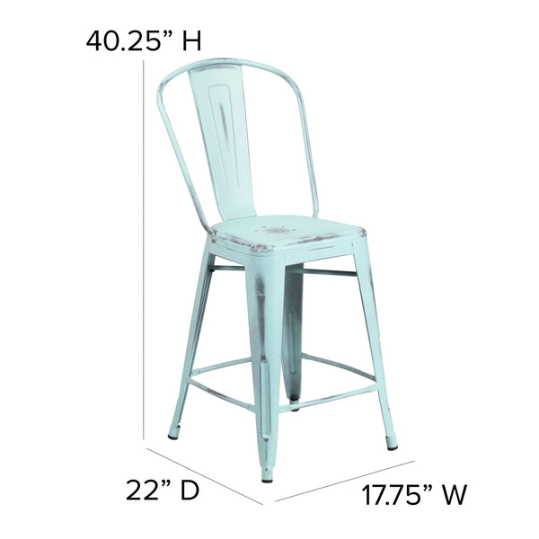 Green-Blue |#| 24inch High Distressed Green-Blue Metal Indoor-Outdoor Counter Height Stool w/Back