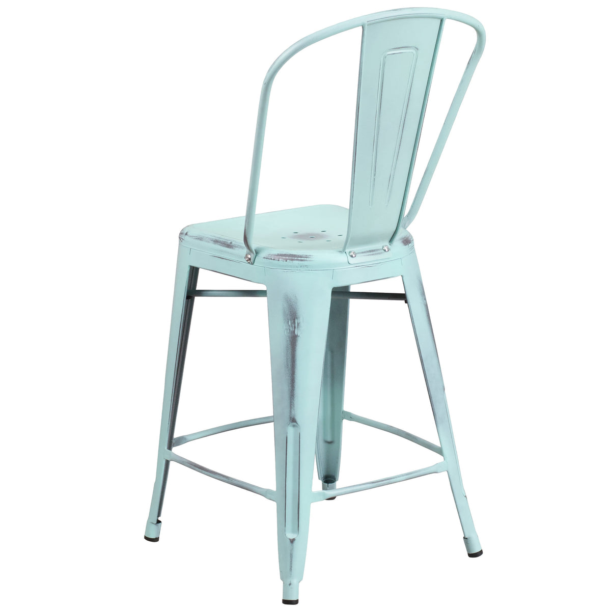 Green-Blue |#| 24inch High Distressed Green-Blue Metal Indoor-Outdoor Counter Height Stool w/Back