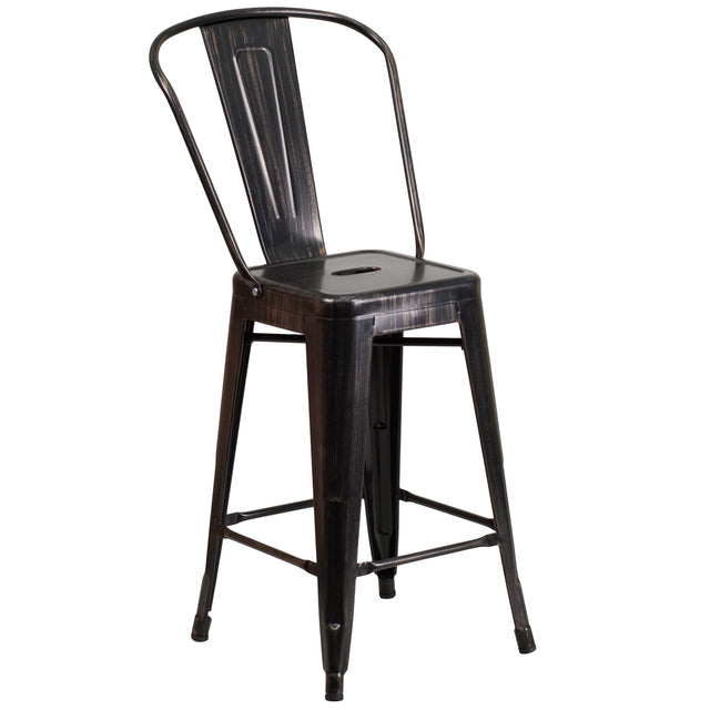 Commercial Grade 24" High Metal Indoor-Outdoor Counter Height Stool with Back - View 1