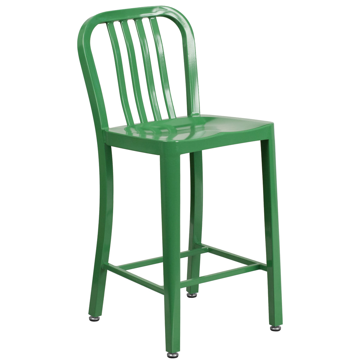 Green |#| 24inch High Green Metal Indoor-Outdoor Counter Height Stool with Vertical Slat Back