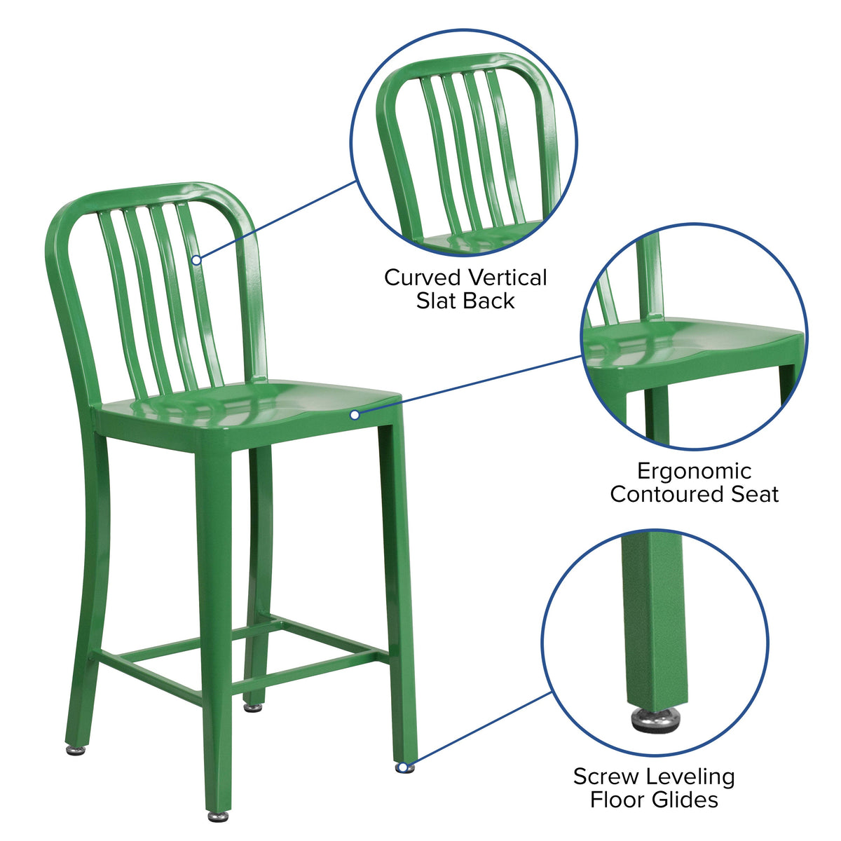 Green |#| 24inch High Green Metal Indoor-Outdoor Counter Height Stool with Vertical Slat Back