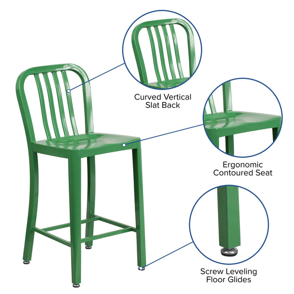 Green |#| 24inch High Green Metal Indoor-Outdoor Counter Height Stool with Vertical Slat Back