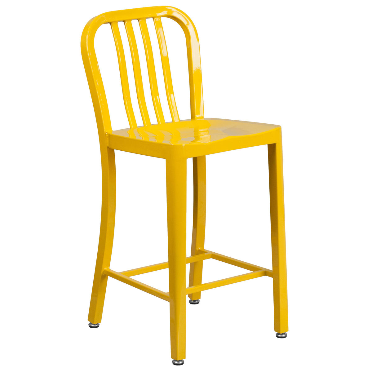 Yellow |#| 24inch High Yellow Metal Indoor-Outdoor Counter Height Stool w/ Vertical Slat Back