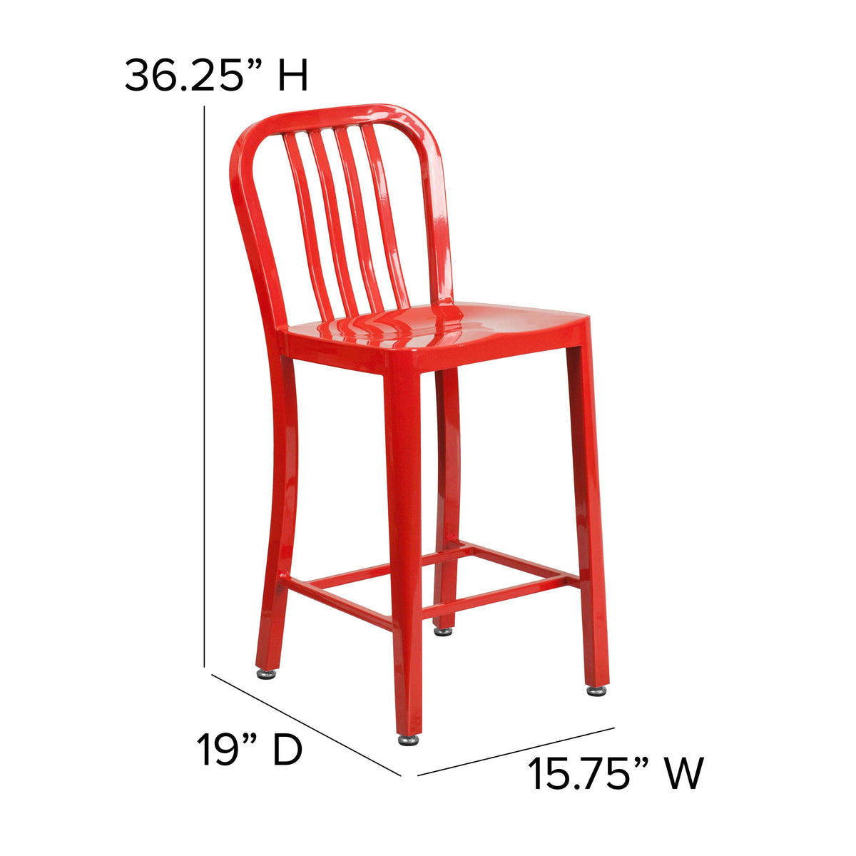 Red |#| 24inch High Red Metal Indoor-Outdoor Counter Height Stool with Vertical Slat Back